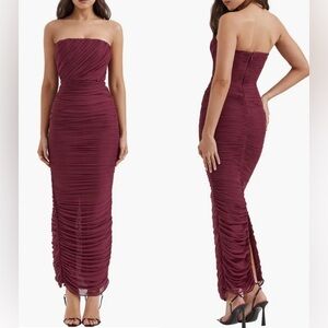 NWOT HOUSE OF CB SAPPHIRE wine plum corset Strapless Ruched Mesh maxi sz XS